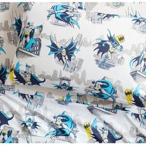 Pottery Barn Kid Batman Cityscape Twin Sheet Set 3pc Fitted Flat Pillowcase 2016